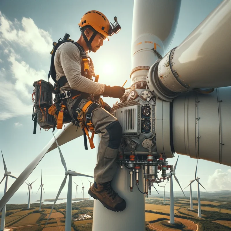 A wind turbine technician working on top of a wind turbine. The technician is wearing safety gear, including a helmet, harness, and gloves.