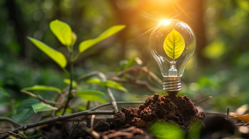 A light bulb on the soil with green energy and leafs around
