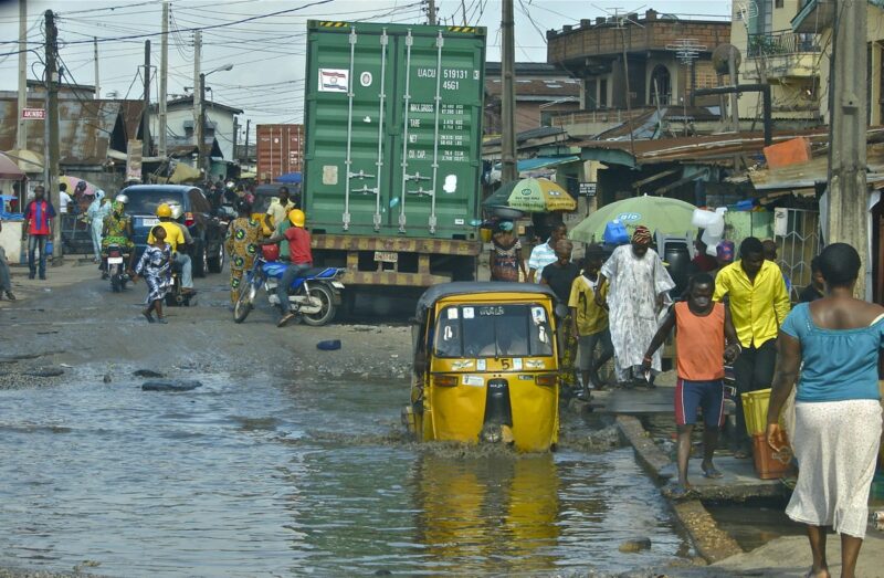 A severely flooded street in Nigeria