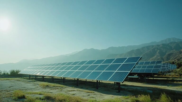 solar farm with multiple panels in a sunny landscape, with mountains in the background