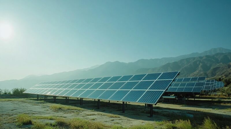 solar farm with multiple panels in a sunny landscape, with mountains in the background