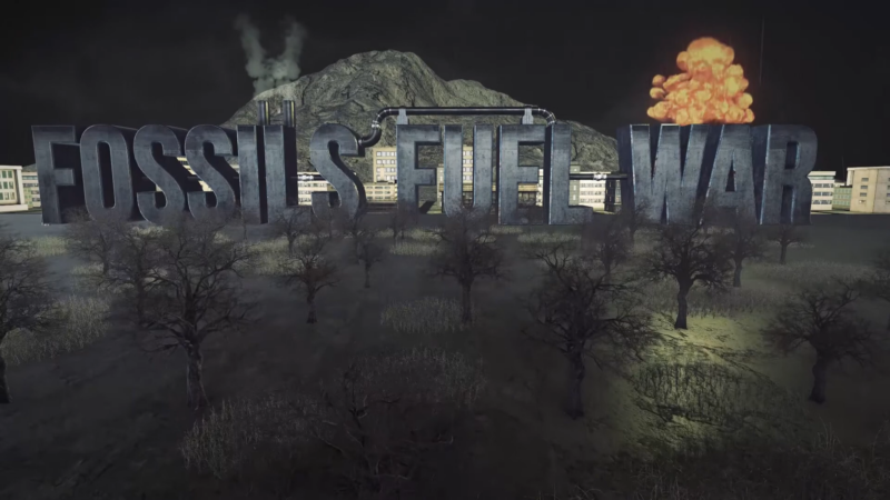 A Stark Visual Depicting Large Metallic Letters Spelling out "Fossil Fuel War" Set Against a Barren Landscape with An Industrial Backdrop and An Explosion