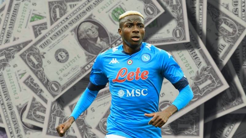 Victor Osimhen's Earnings - Victor Osimhen in A Napoli Jersey with A Dollar Bill Background