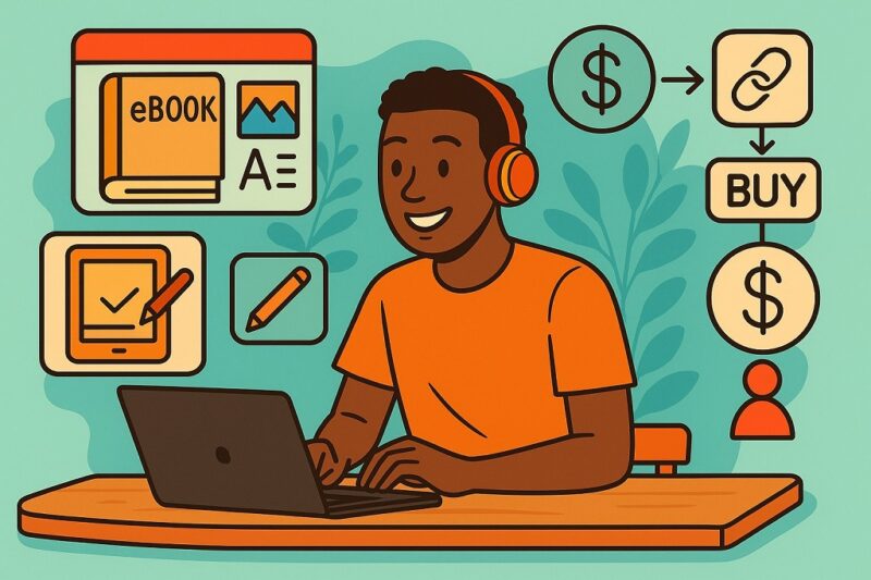 Cartoon illustration of a person selling eBooks and digital products online for passive income