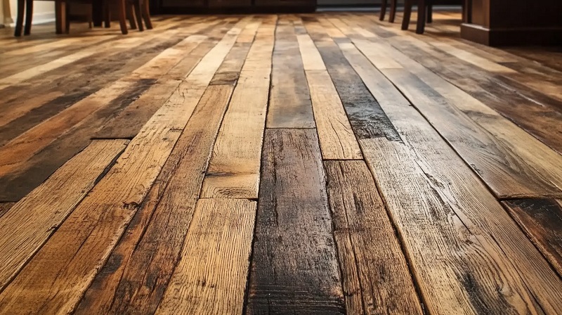 Aged reclaimed wood flooring with mixed tones and textures