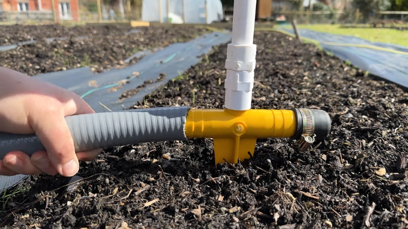 Hose connection and irrigation system setup for a small farm