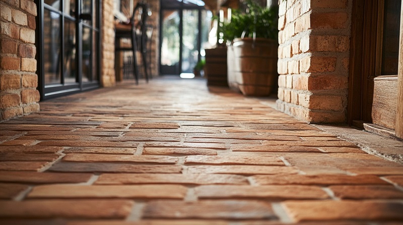 Brick-style floori in a hallway with exposed brick walls