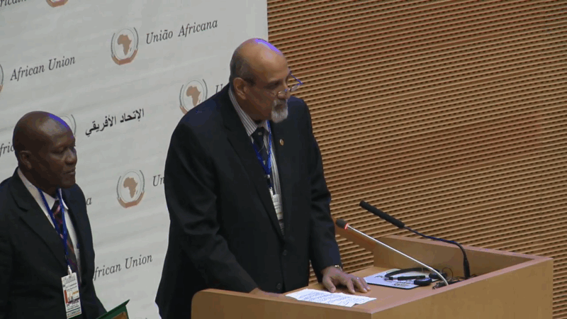 A man with a beard and glasses stands at a podium speaking into a microphone, with another man in a suit visible behind him, and "African Union" logos on a wall