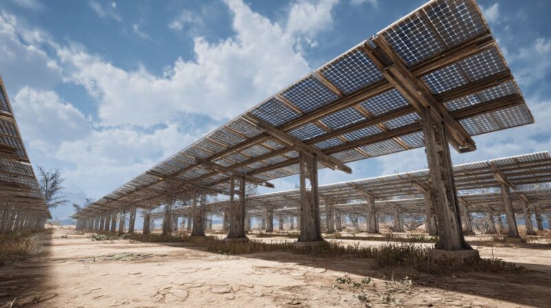 Rows of elevated solar panels in a dry, open field with sparse vegetation below, showcasing agrovoltaic infrastructure