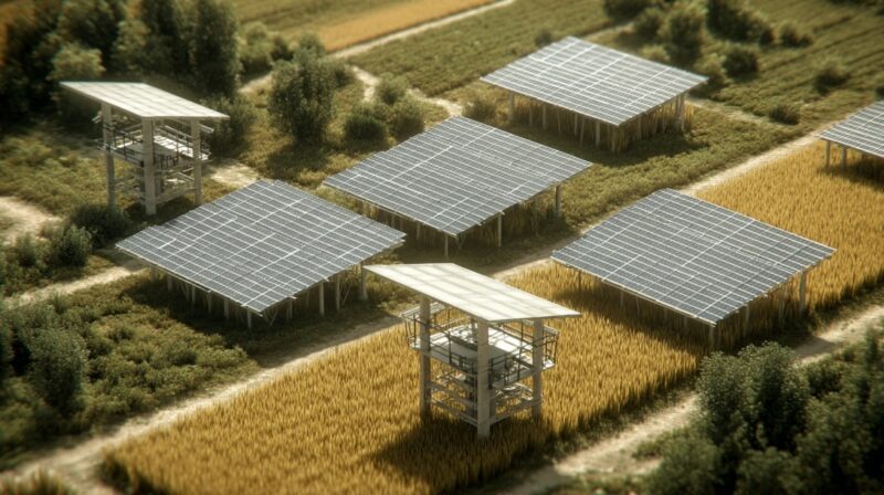Aerial view of futuristic elevated solar panels over farm fields, with platforms and walkways integrated into the solar structures
