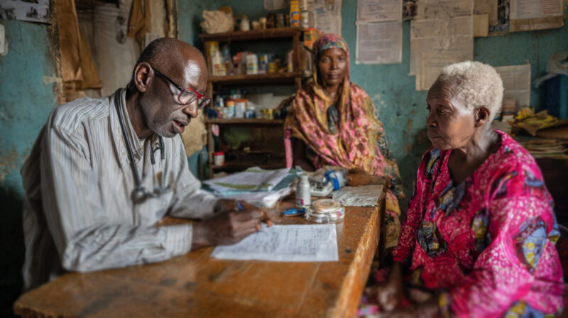 An African doctor writing notes during a consultation with an elderly woman and another woman in a rural clinic