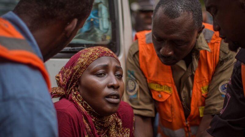 Woman in distress receiving help from emergency responders in orange vests