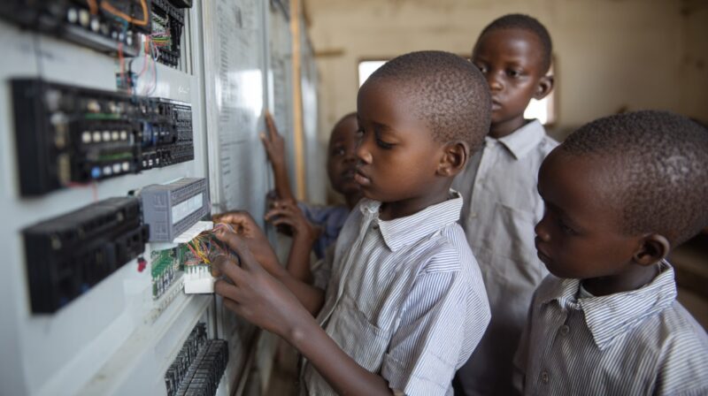 Group of African children learning electronics and wiring in a classroom