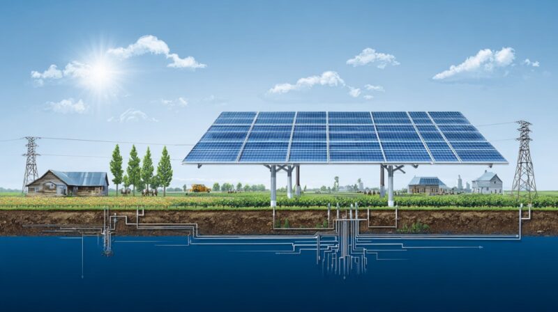 Illustration of a dual-use agrovoltaic system showing solar panels above farmland and an underground water and energy network