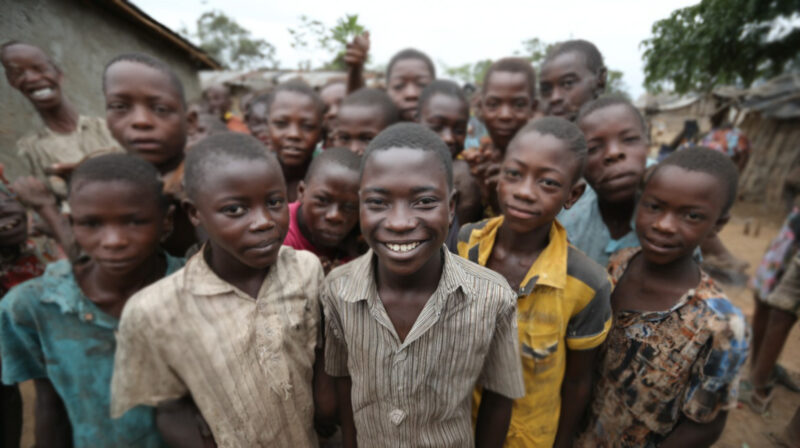 Group of smiling African children standing in a rural village