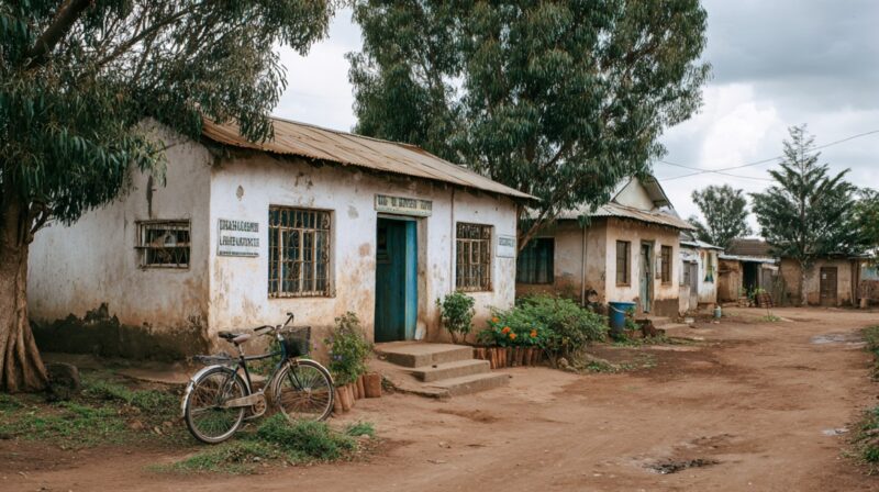 A small rural health clinic with a bicycle parked outside, surrounded by trees and dirt roads in Africa
