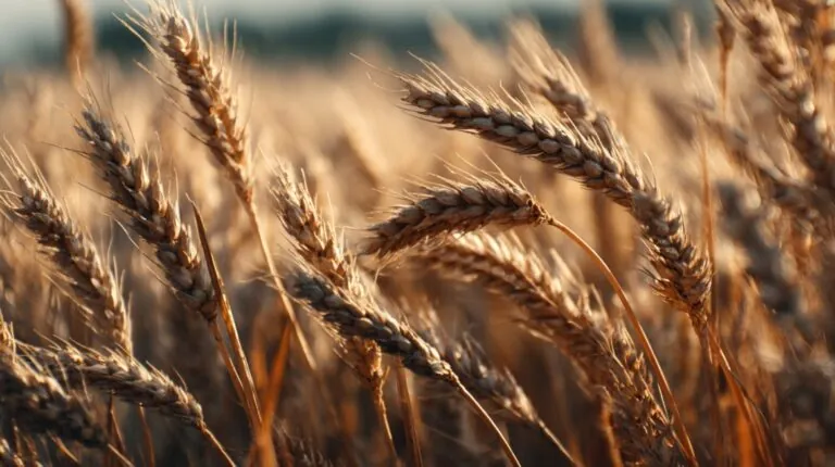 Close-up of ripe golden wheat in a field during sunset, symbolizing agricultural abundance