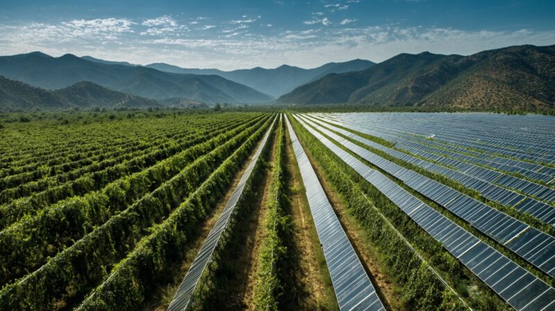 Rows of solar panels integrated with crop fields in a valley surrounded by mountains