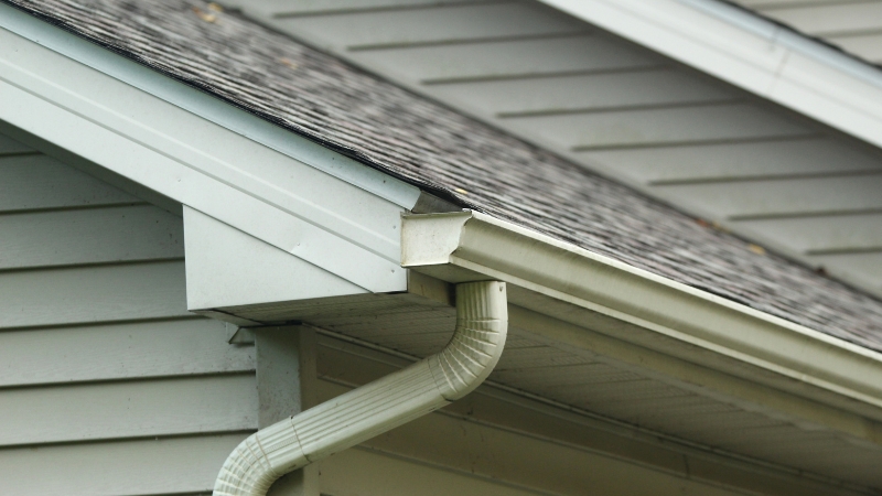 Close-up of house gutters and downspouts designed for efficient rainwater harvesting