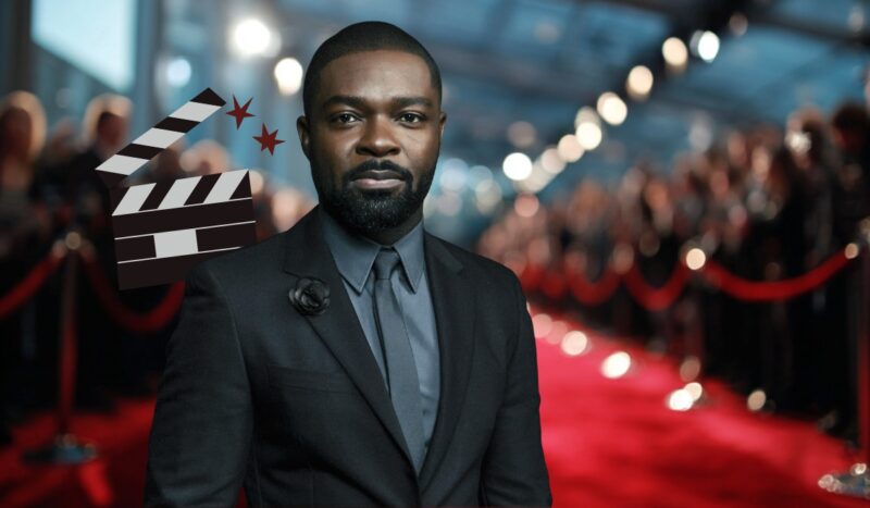 Actor David Oyelowo on the red carpet, with film clapperboard graphics in the background