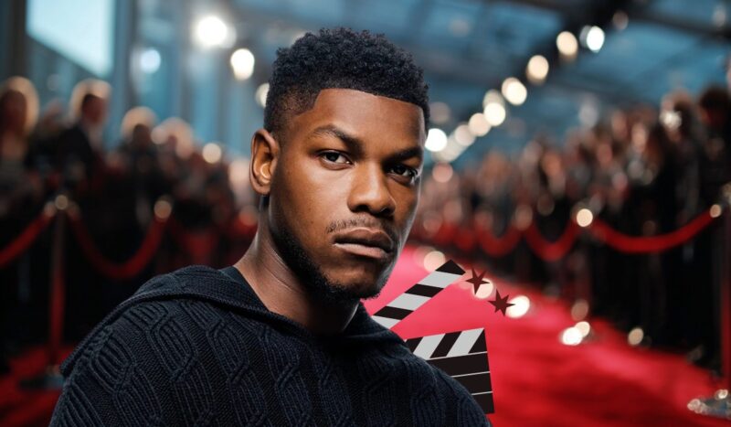 Actor John Boyega on the red carpet, with film clapperboard graphics in the background