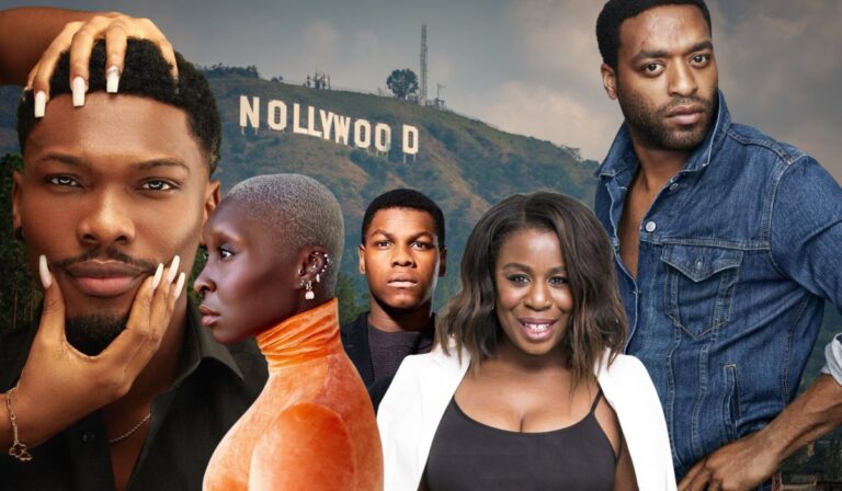Collage of Nollywood actors including Chiwetel Ejiofor, Cynthia Erivo, John Boyega, Uzo Aduba, and Mike Afolarin with a Nollywood sign in the background