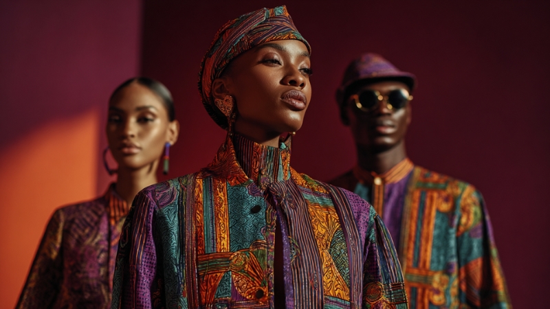 Three models stand in bold, patterned African fashion outfits against a dark studio backdrop