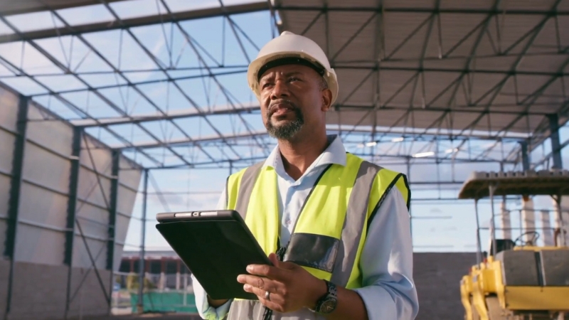 A worker in a safety vest and hard hat holds a tablet while inspecting a construction site