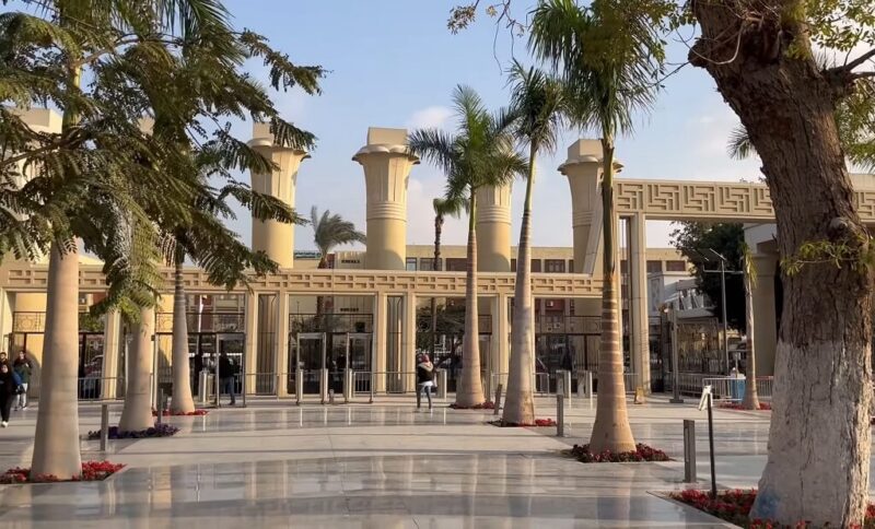 Entrance area of Ain Shams University featuring modern columns, palm trees, and pedestrian pathways