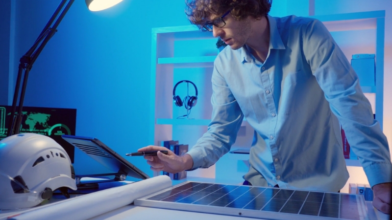 Engineer works at a desk with solar panels and digital tools in a blue-lit lab
