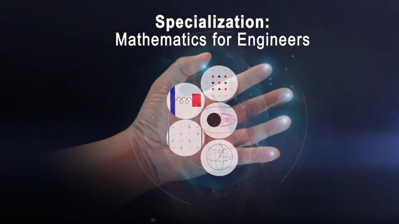Coursera graphic that shows the Mathematics for Engineers specialization title over a hand illustration