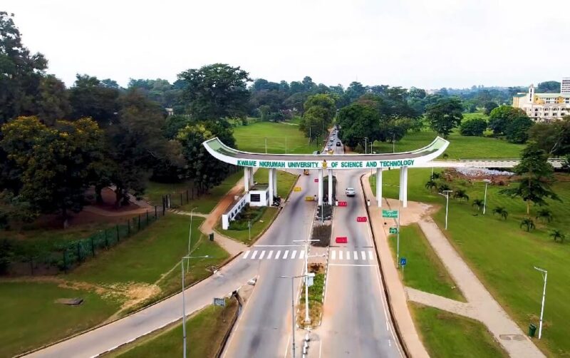 Aerial view of the main entrance arch at Kwame Nkrumah University of Science and Technology in Ghana