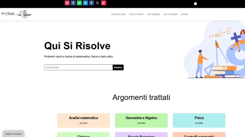 Screenshot of the Qui Si Risolve homepage with math and science topic categories displayed