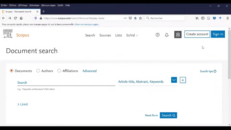 Scopus search page open in a browser with fields for document and keyword queries