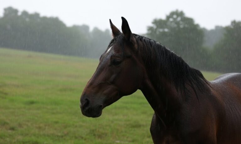 A horse stands in a rain-soaked field